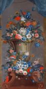 Carnations, irises and other flowers in an ornamental stone urn with two... Carnations, irises and