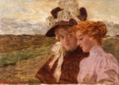 TihamÃ©r von Margitay (1859-1922) - Two ladies in a landscape Oil on board Signed lower left