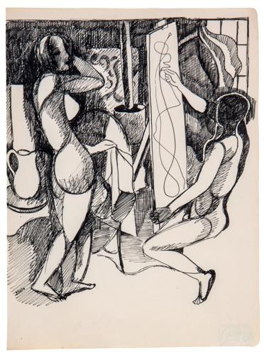 John Buckland-Wright (1897-1954) - Artist and model, 1935, Pen and black ink, on wove paper Studio