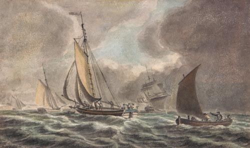 Attributed to Dominic Serres - Sailing ships on a rough sea, Watercolour, heightened with body