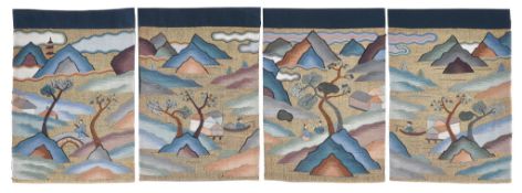 Four kesi silk panels, circa 1900 , finely woven with scholars amid... Four kesi silk panels, circa