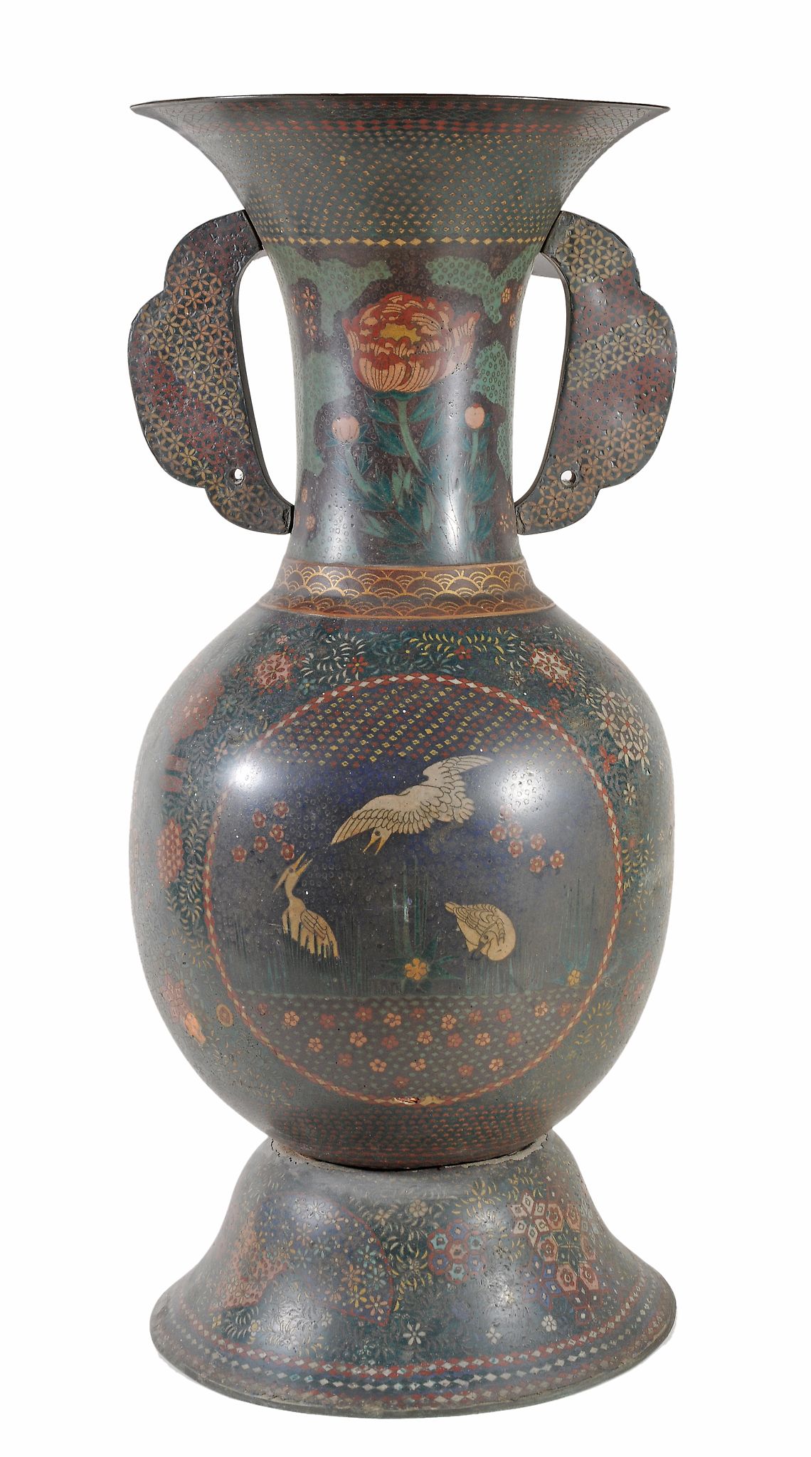 A large Japanese cloisonne` vase, of archaistic shape, with splayed rim A large Japanese cloisonne`