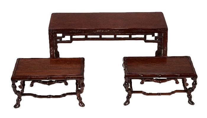 A Pair of Wood Stands, each of rectangular form supported on faux bamboo legs joined by similar