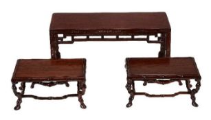 A Pair of Wood Stands, each of rectangular form supported on faux bamboo legs joined by similar
