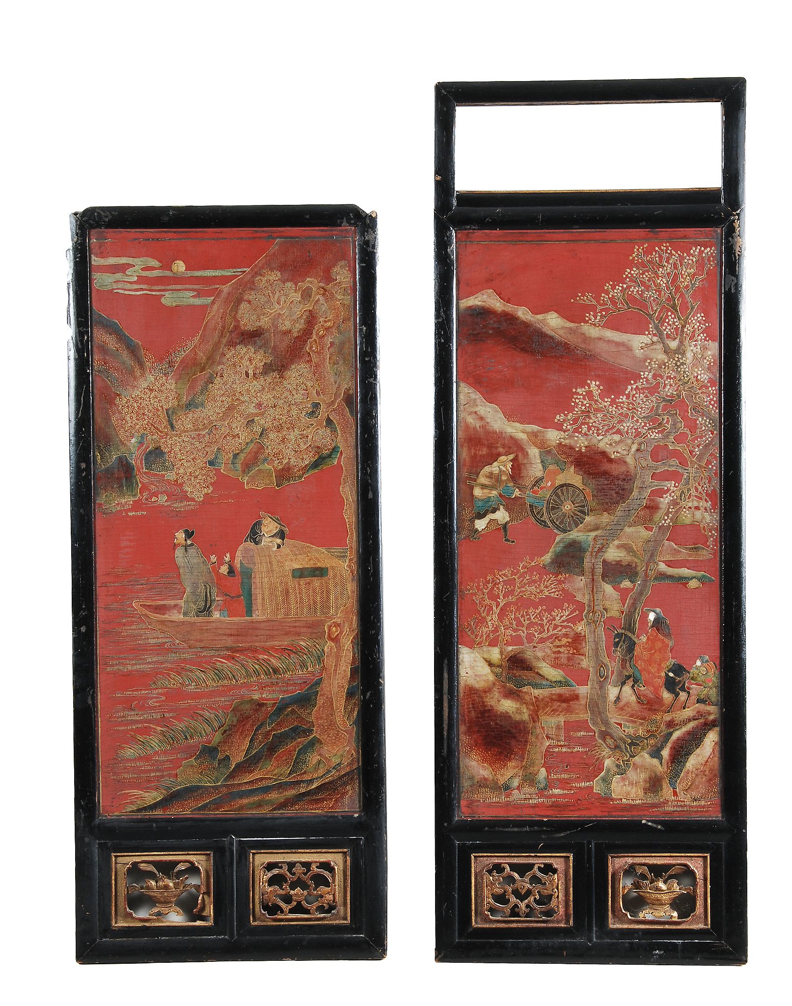 A pair of Chinese scarlet lacquered panels decorated with mythical figures... A pair of Chinese