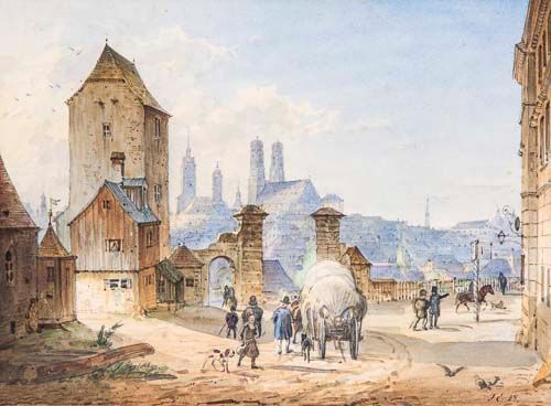 Friedrich Eibner (1825-1877) - View of Munich Watercolour over pencil Signed with initials and