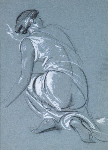 Attributed to William Edward Frost - Crouching figure looking over her right shoulder, Black chalk