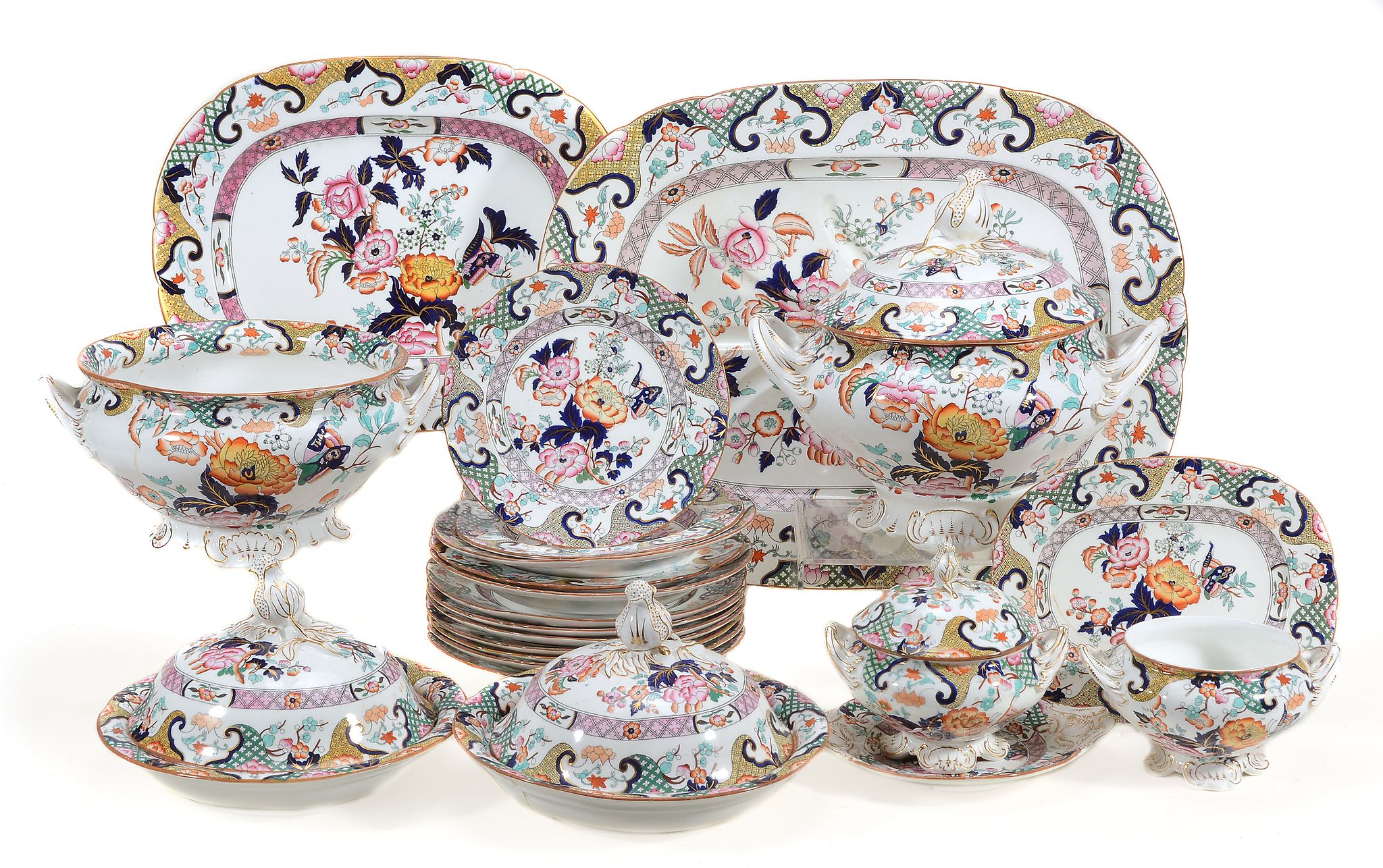 A Coalport chinoiserie part dinner service, mid 19th century A Coalport chinoiserie part dinner