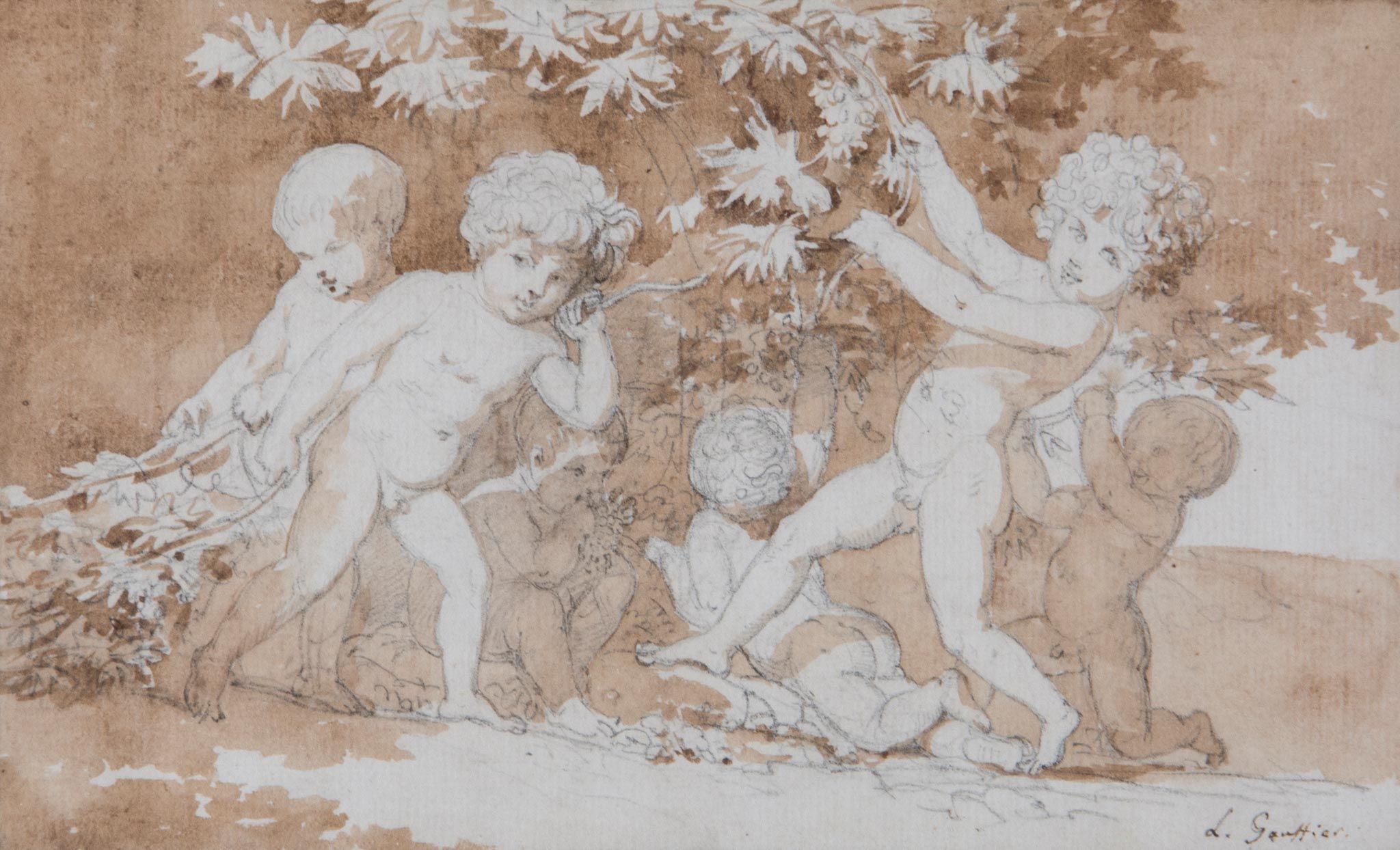 Louis Gauffier (1761-1801) - Six cherubs playing and collecting grapes, Pencil with sepia wash, on