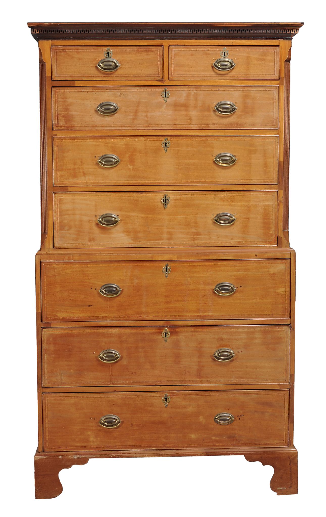 A George III mahogany secretaire chest on chest circa 1780 a dentil moulded... A George III