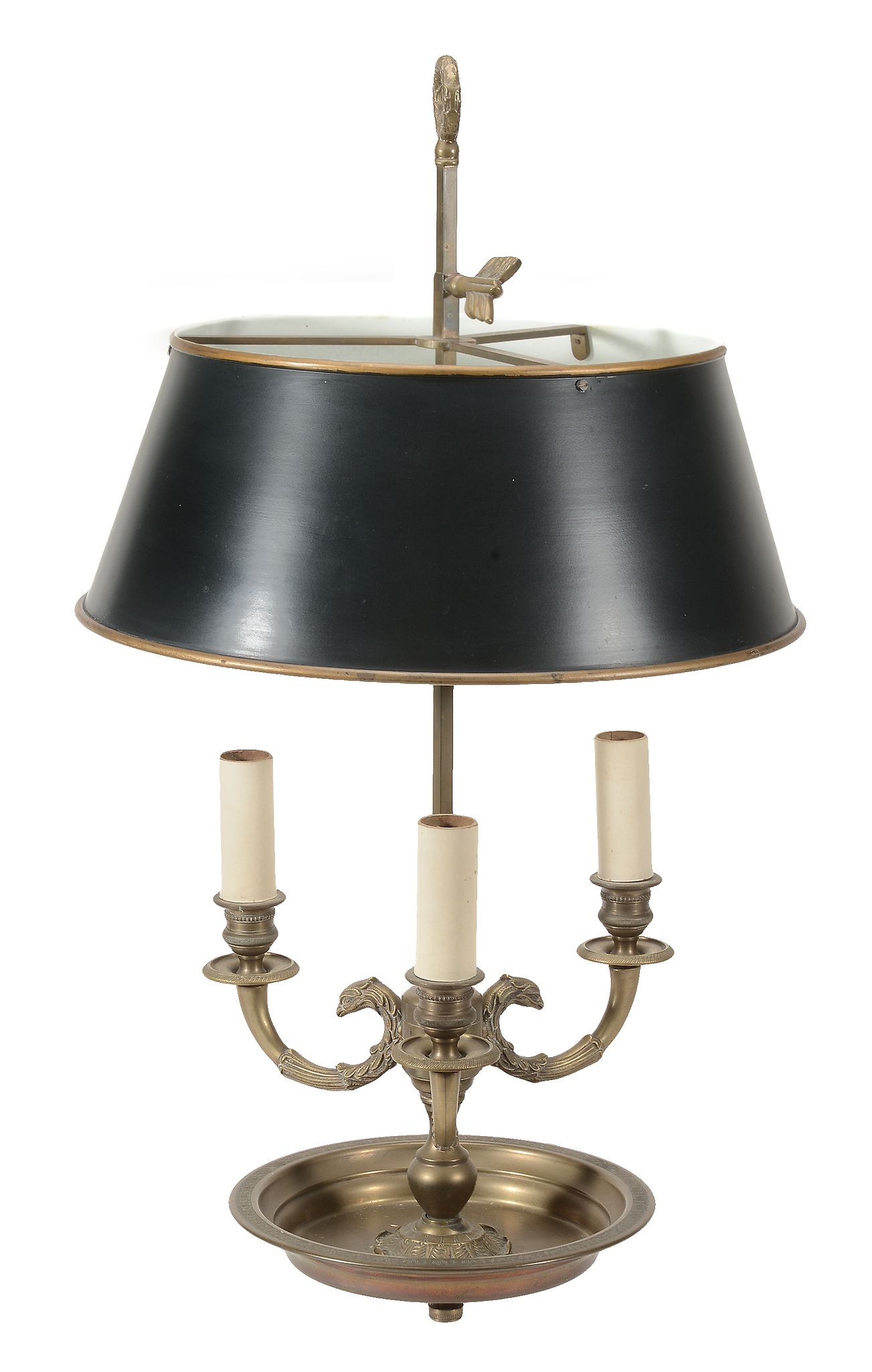 A brass and japanned metal mounted three light lampe bouillotte in Louis... A brass and japanned