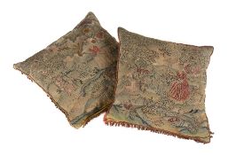 Two George II needlework panels, each mounted on later cushions, Two George II needlework panels,