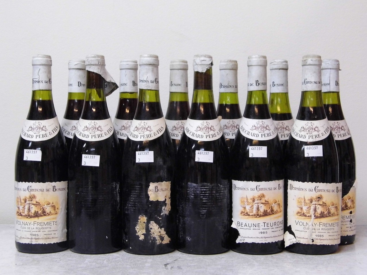 Volnay Fremiets 1985Bouchard Pere et Fils10 bts 2 missing labelsBeaune Teurons 1985Bouchard Pere et