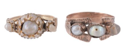 An 18th century pearl ring, the central pearl in an engraved collet setting  An 18th century pearl