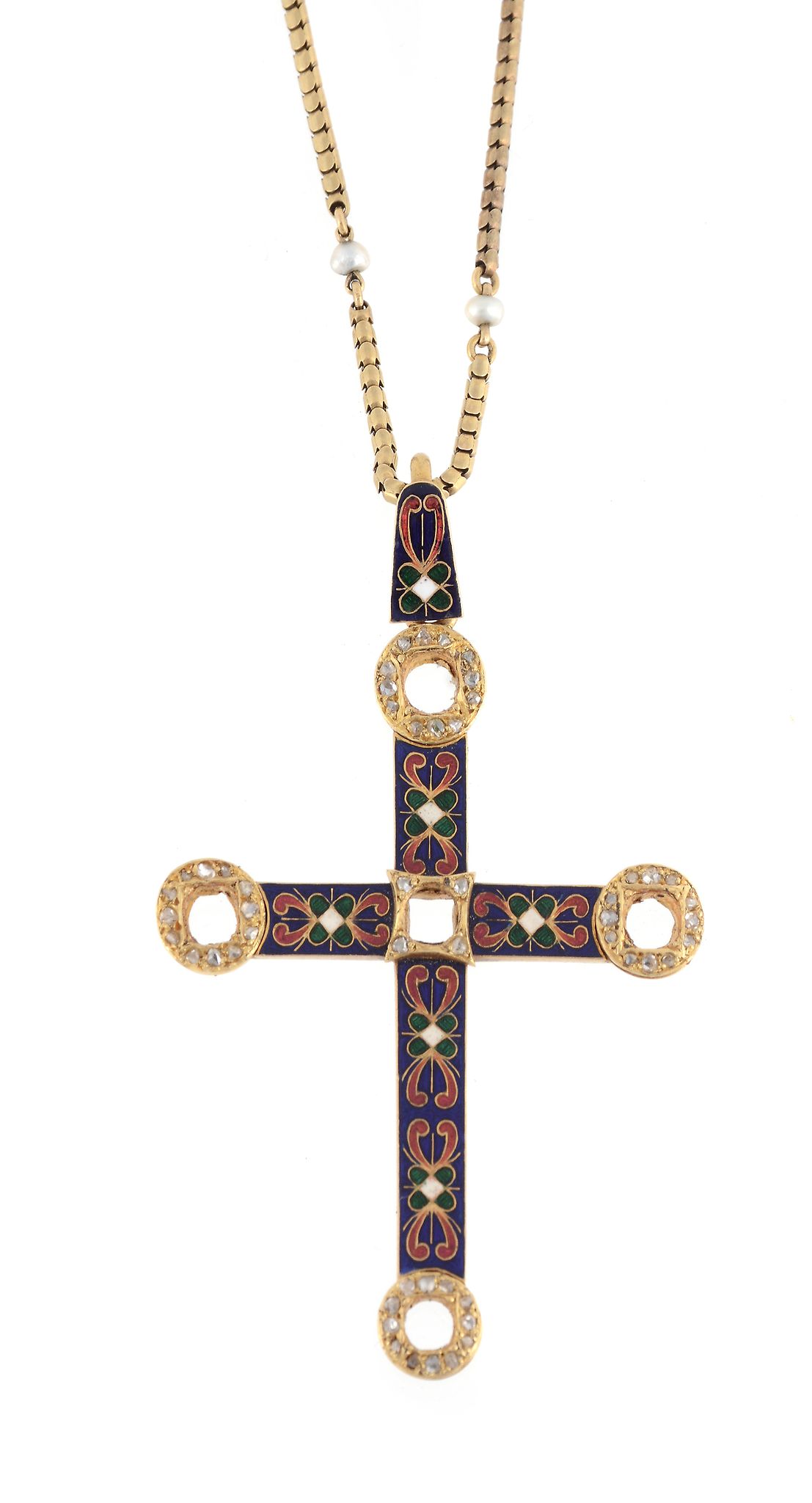 A late Victorian polychrome enamel renaissance style gold cross , circa 1880  A late Victorian