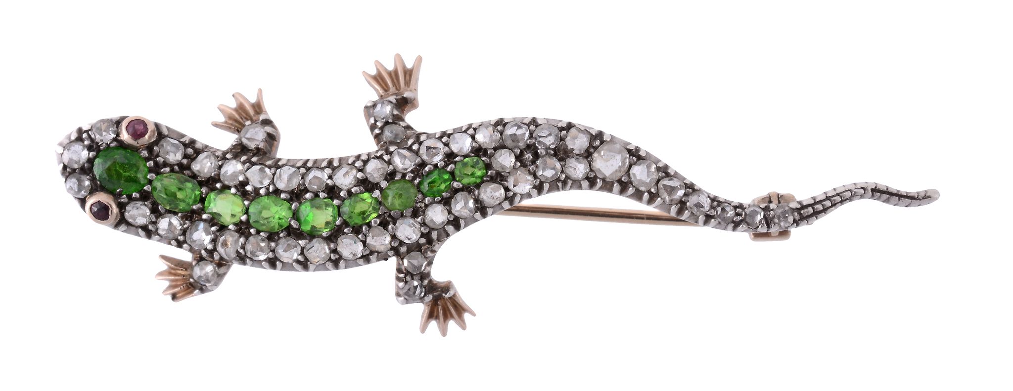 A Victorian demantoid garnet and diamond lizard brooch, circa 1870  A Victorian demantoid garnet and