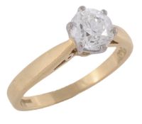 A diamond single stone ring , the brilliant cut diamond in a six claw setting  A diamond single