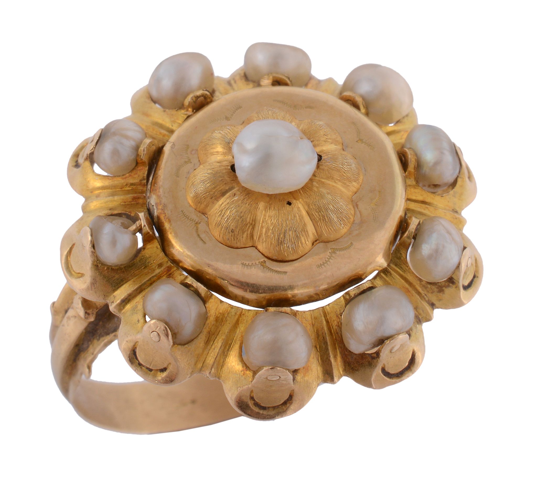 An 18th century pearl set ring, the central pearl on a raised textured setting  An 18th century