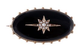 A Victorian onyx and seed pearl brooch, circa 1880  A Victorian onyx and seed pearl brooch,