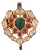 A Jaipur enamel, emerald and ruby brooch, the central carved emerald  A Jaipur enamel, emerald and