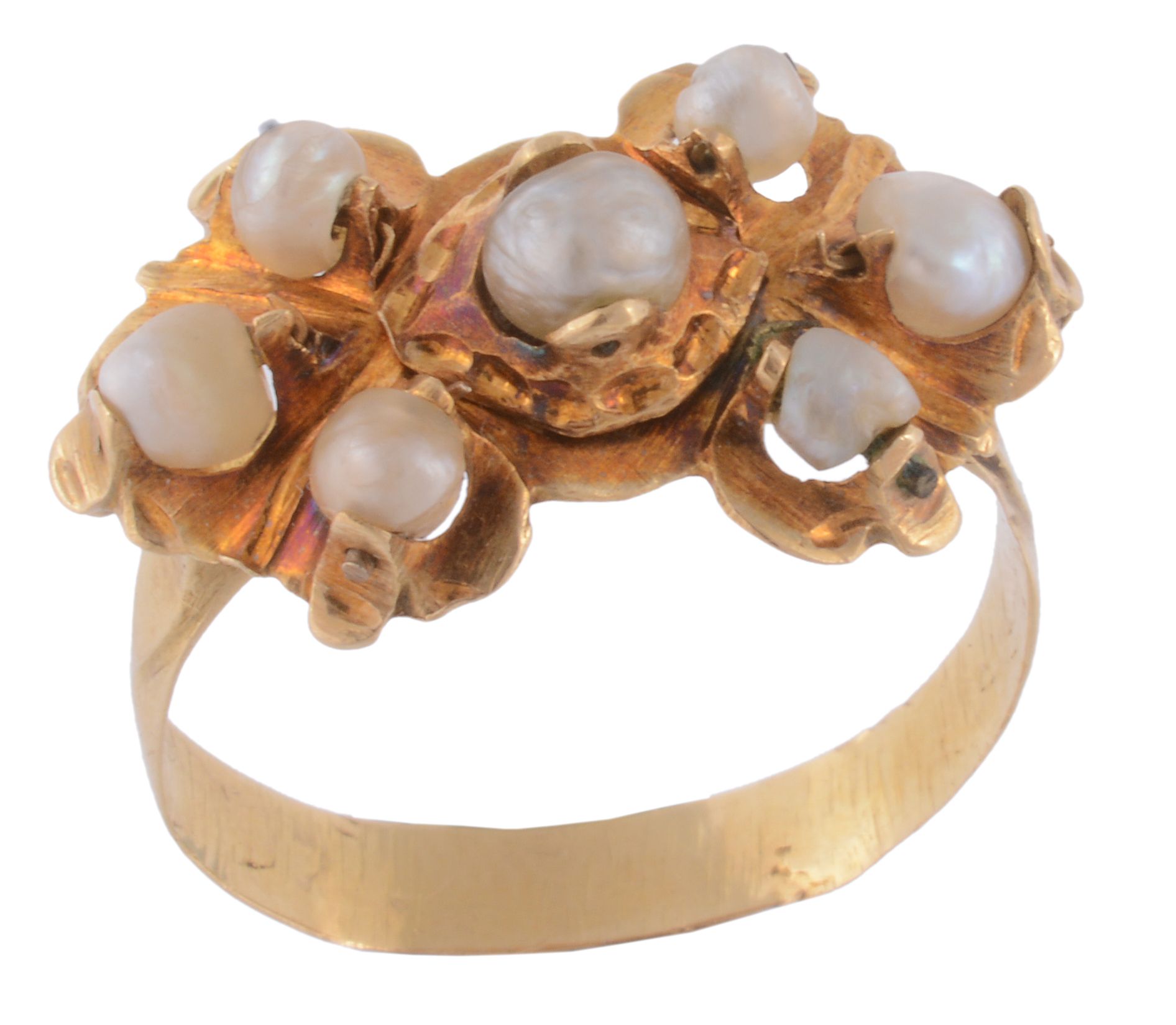 An 18th century gold pearl dress ring , the shaped panel with pin set pearl...  An 18th century gold