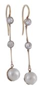 A pair of diamond and pearl ear pendents, the 6  A pair of diamond and pearl ear pendents,   the 6.