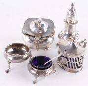 A silver oblong baluster mustard, maker`s mark obscured, Chester 1899, with an urn finial to the