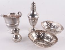 A collection of silver items, to include: a pair of shaped oval dishes by F. H. Adams & Co.,
