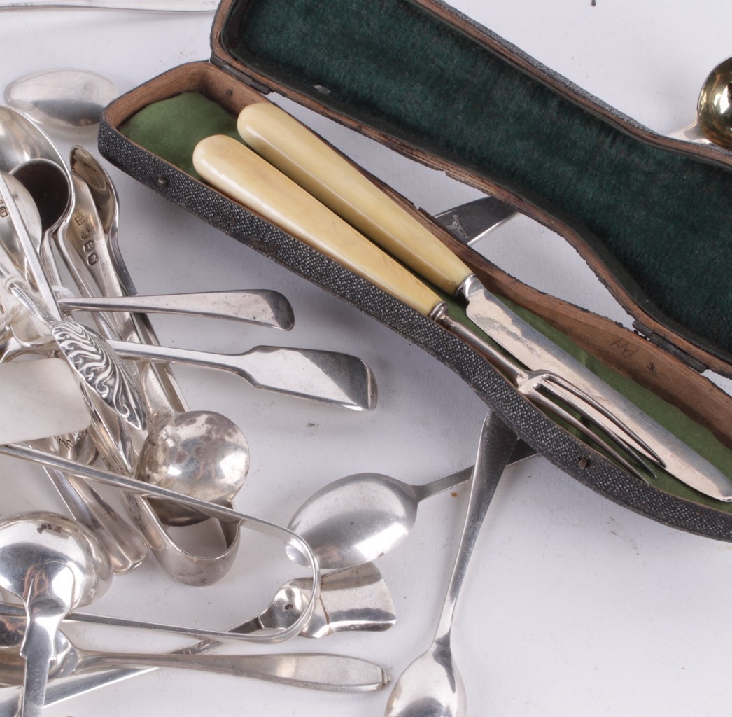 A collection of silver flatware, to include: a pair of Victorian Scottish silver Queen`s pattern