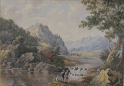 English School (19th Century). Extensive river landscape, with mountains beyond,. Watercolour,
