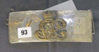 A Victorian silver mounted officer`s shoulder belt pouch by Bent & Parker, Birmingham 1869, with a