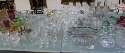 A quantity of glassware including decanters, vases, glasses, bowls, Nailsea walking sticks, etc.