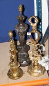 A bronzed metal table lamp cast as three partly-draped classical female figures on circular base and