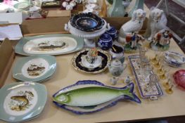 A mixed selection of ceramics and glass including: a pair of late Staffordshire cows and attendant