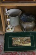 A tray, brass coal bucket,and a green marble lamp. There is no condition report available on this