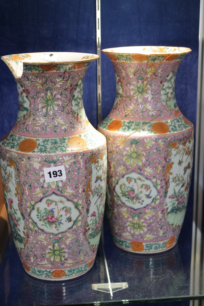 Two Famille Rose vases, 35cm (AF)