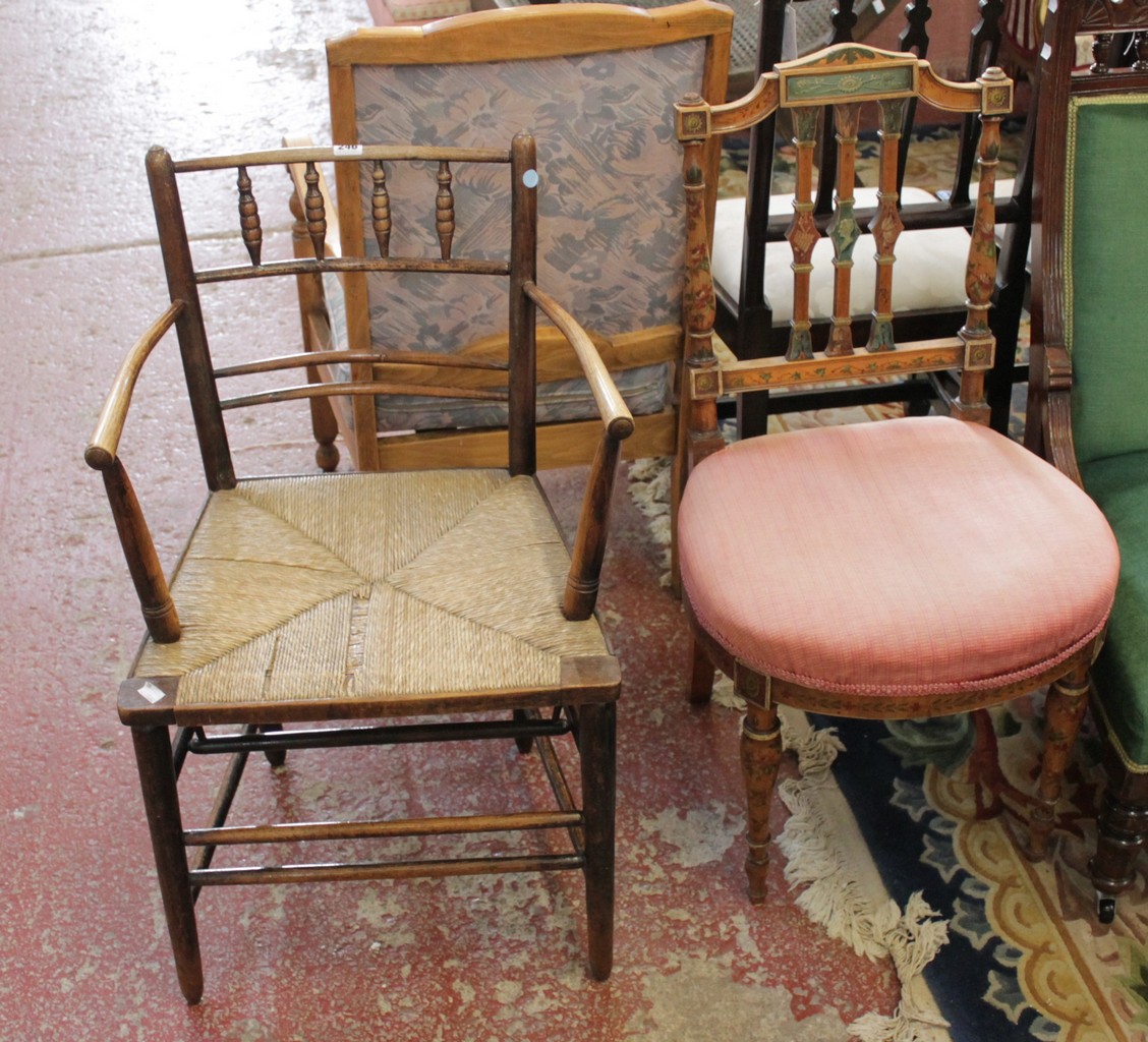 An ash and beech chair of Sussex type, with rush seat together with a painted Sheraton style salon