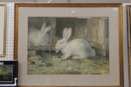 English School (late 19th Century). A pair of rabbits, one in a hutch. Watercolour, on wove paper.