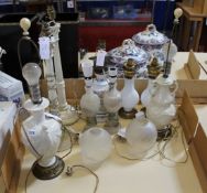 A pair of classical column table lamps, three further pairs of lamps and one single lamp (sold as