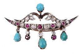 A turquoise, diamond and ruby brooch, the brooch with a diamond and...  A turquoise, diamond and