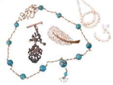 A turquoise and seed pearl necklace, the turquoise beads on a belcher link...  A turquoise and