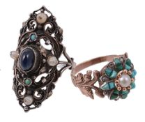 A diamond, turquoise and pearl flower head cluster ring  A diamond, turquoise and pearl flower