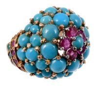 A turquoise and ruby bombe cluster ring, the central flower head cluster set...  A turquoise and