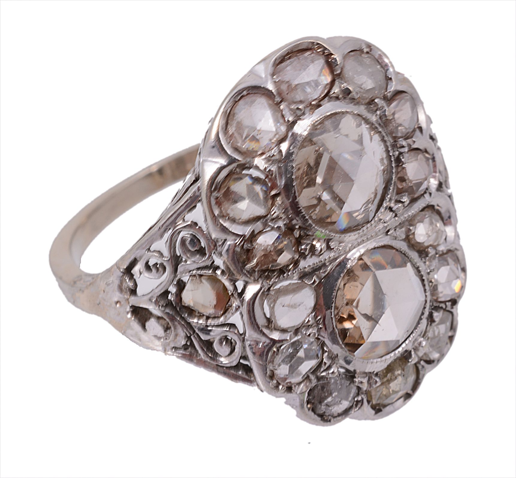 A diamond cluster ring, set with two rose diamonds each within a surround of...  A diamond cluster