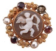 A cannetille work shell cameo brooch, circa 1840  A cannetille work shell cameo brooch,   circa
