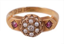 An 18 carat gold ruby, diamond and pearl ring, Birmingham 1890  An 18 carat gold ruby, diamond and