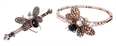 A half pearl and sapphire insect bangle, set with an oval shaped sapphire to...  A half pearl and