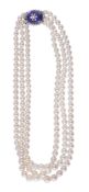 A three strand graduated cultured pearl necklace, composed of 5.8mm to 9  A three strand graduated