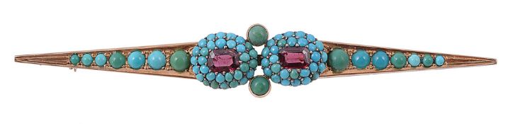 A turquoise and garnet brooch, the two rectangular shaped garnets each...  A turquoise and garnet