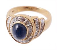 A sapphire and diamond dress ring , the oval cabochon sapphire within a...  A sapphire and diamond